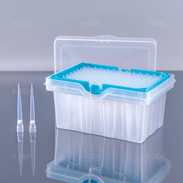 H款 移液器吸頭 300μL 低吸附無(wú)菌透明 PP 移液器吸頭位于盒子上，用于帶濾芯的液體轉(zhuǎn)移